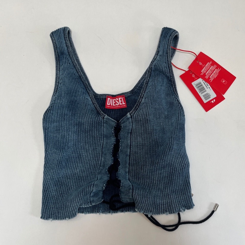 Diesel M-Adone Maglia Blue Ribbed Knit Lace Up Crop Top Tank NWT Large